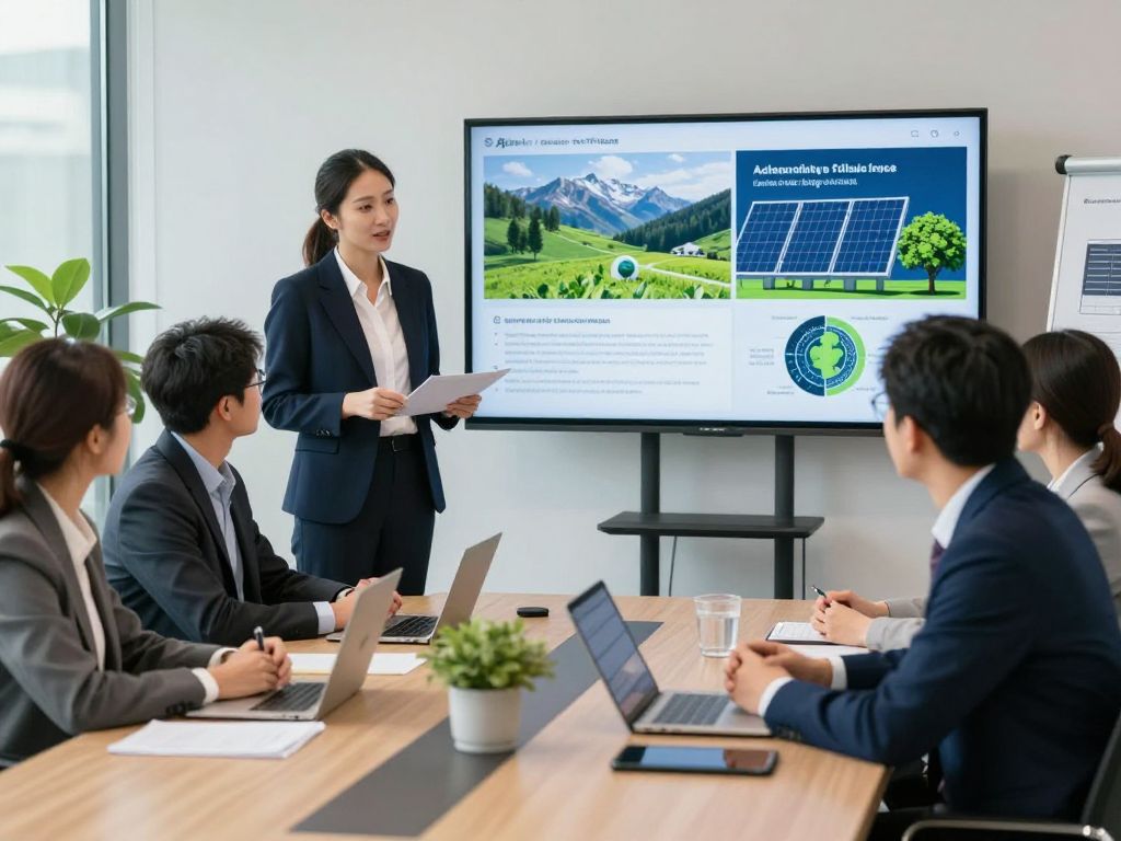 Business consultants discussing energy transition strategies.