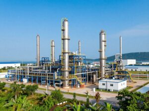 Rendering of the Pacifico Mexinol methanol plant with green surroundings.