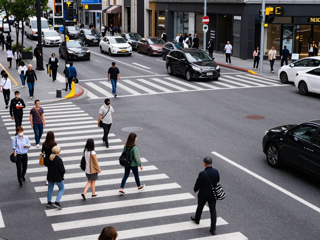 Pedestrians crossing a city intersection with vehicles passing by.