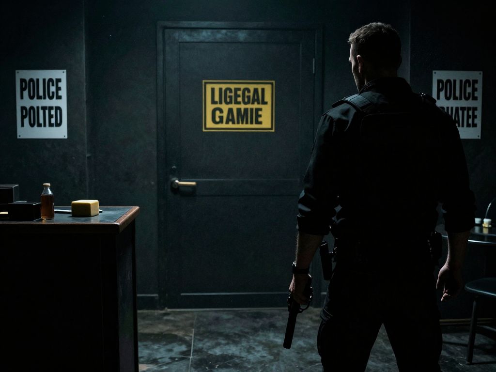 Silhouette of a person in a game room holding a gun