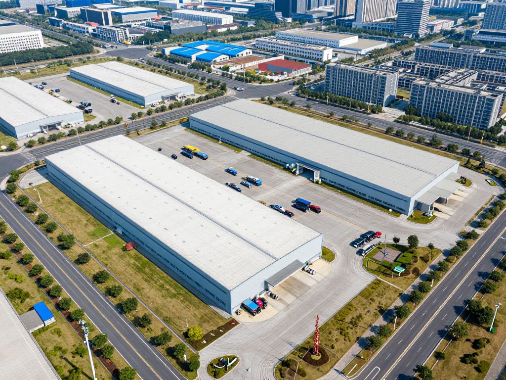 Aerial view of Post Oak Southwest Logistics Park with large buildings and green spaces.