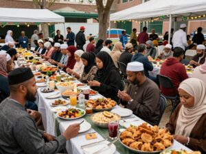 Community members celebrating Ramadan together in Houston, enjoying food and festivities.