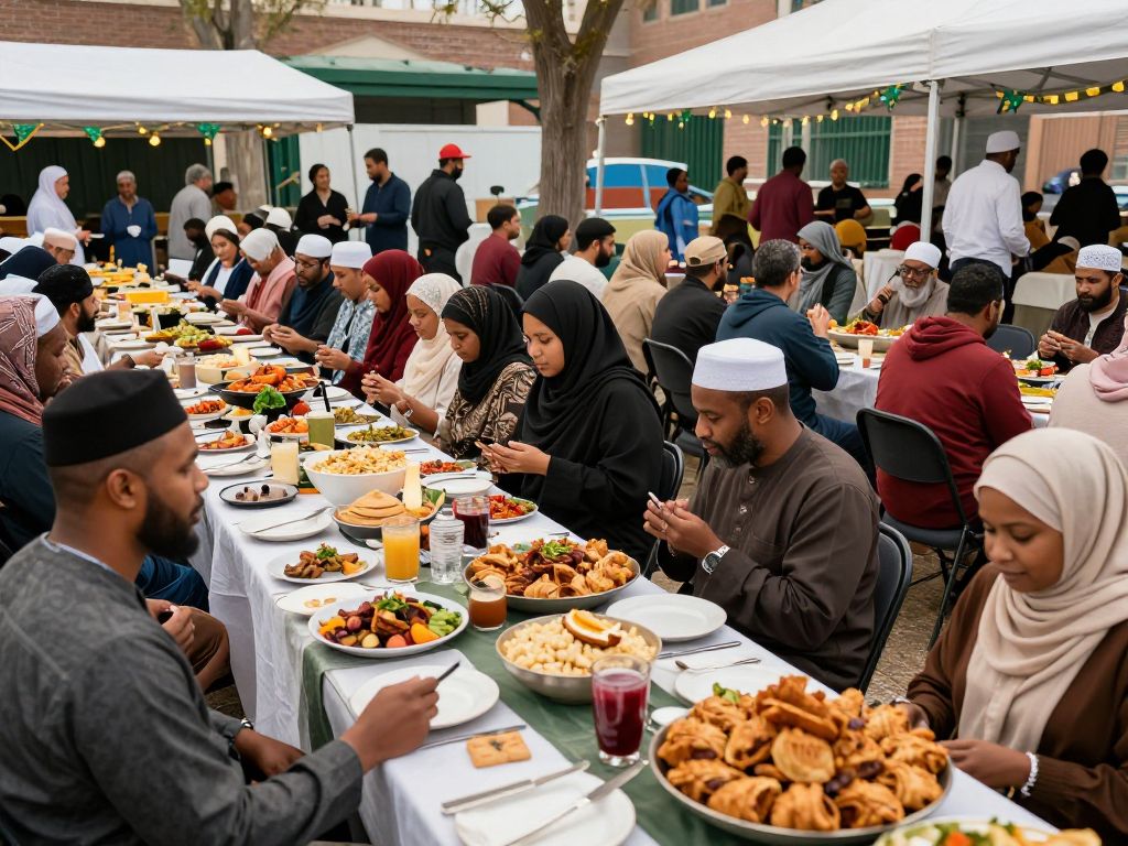 Community members celebrating Ramadan together in Houston, enjoying food and festivities.