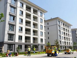 Construction workers rehabilitating apartment buildings for affordable housing.