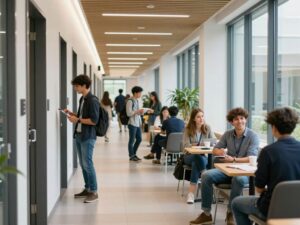 Students collaborating in Rice University's business school hallway