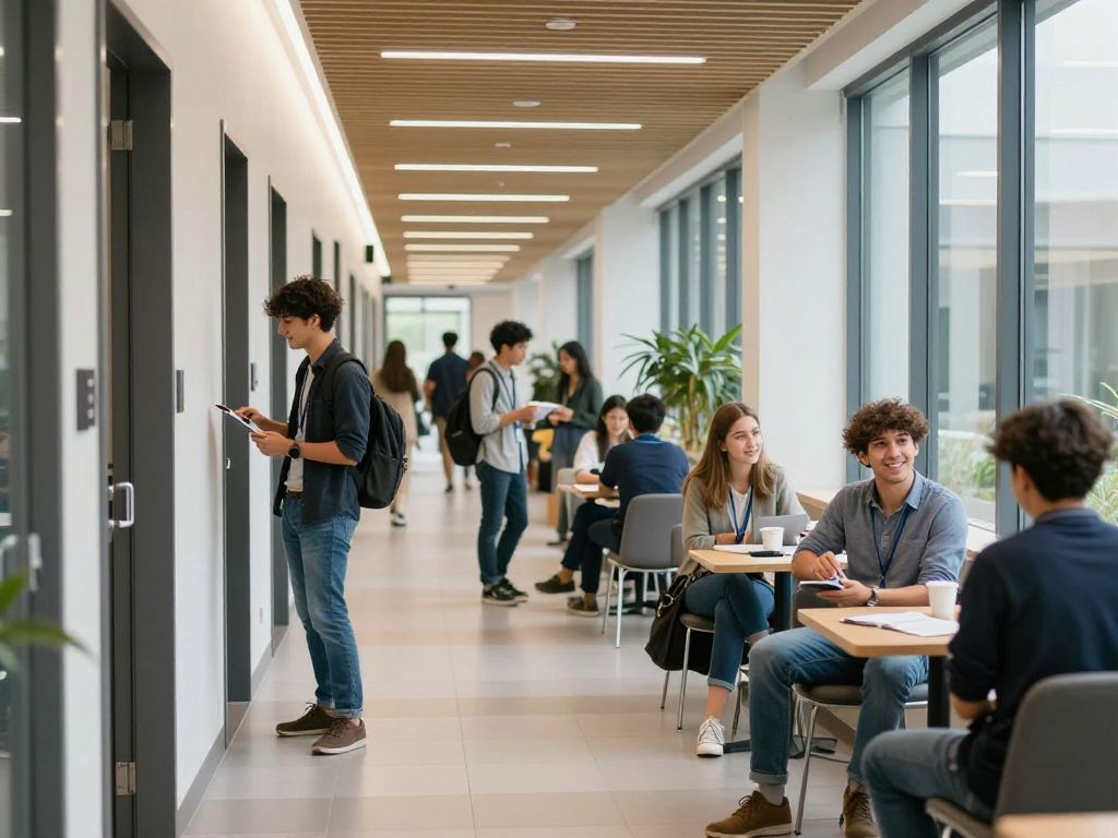 Students collaborating in Rice University's business school hallway