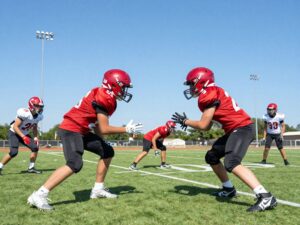 Young football players practicing on a Texas field