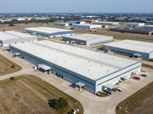 Aerial view of the San Marcos Business Park highlighting its industrial buildings.