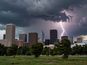 Dramatic severe thunderstorms over the Houston skyline with lightning.