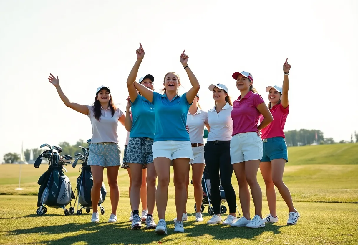 SMU women's golf team celebrating after finishing fourth at Chevron Collegiate