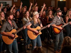 The South Austin Moonlighters performing on stage at McGonigel's Mucky Duck, with an engaged audience.