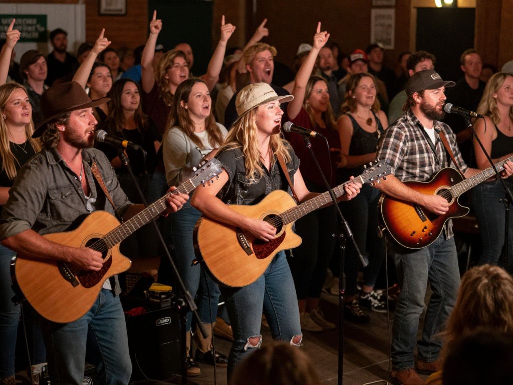 The South Austin Moonlighters performing on stage at McGonigel's Mucky Duck, with an engaged audience.