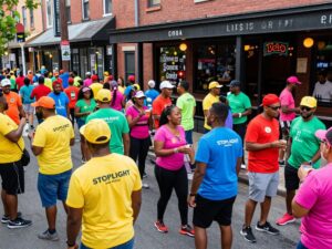 Participants in the Houston Stoplight Bar Crawl wearing colorful outfits in a lively neighborhood