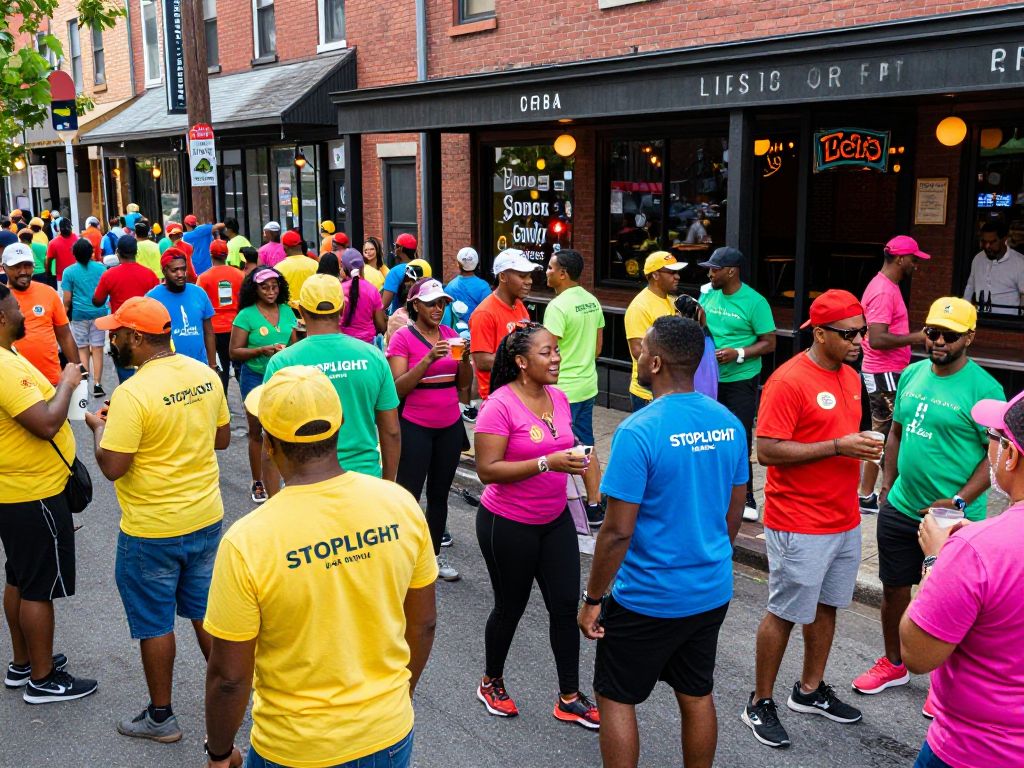 Participants in the Houston Stoplight Bar Crawl wearing colorful outfits in a lively neighborhood