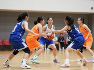 Summer Creek girls basketball team playing during a game.