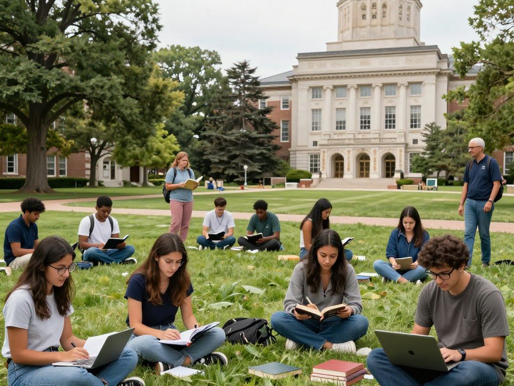 Students and faculty interacting on the University of Texas at Austin campus.