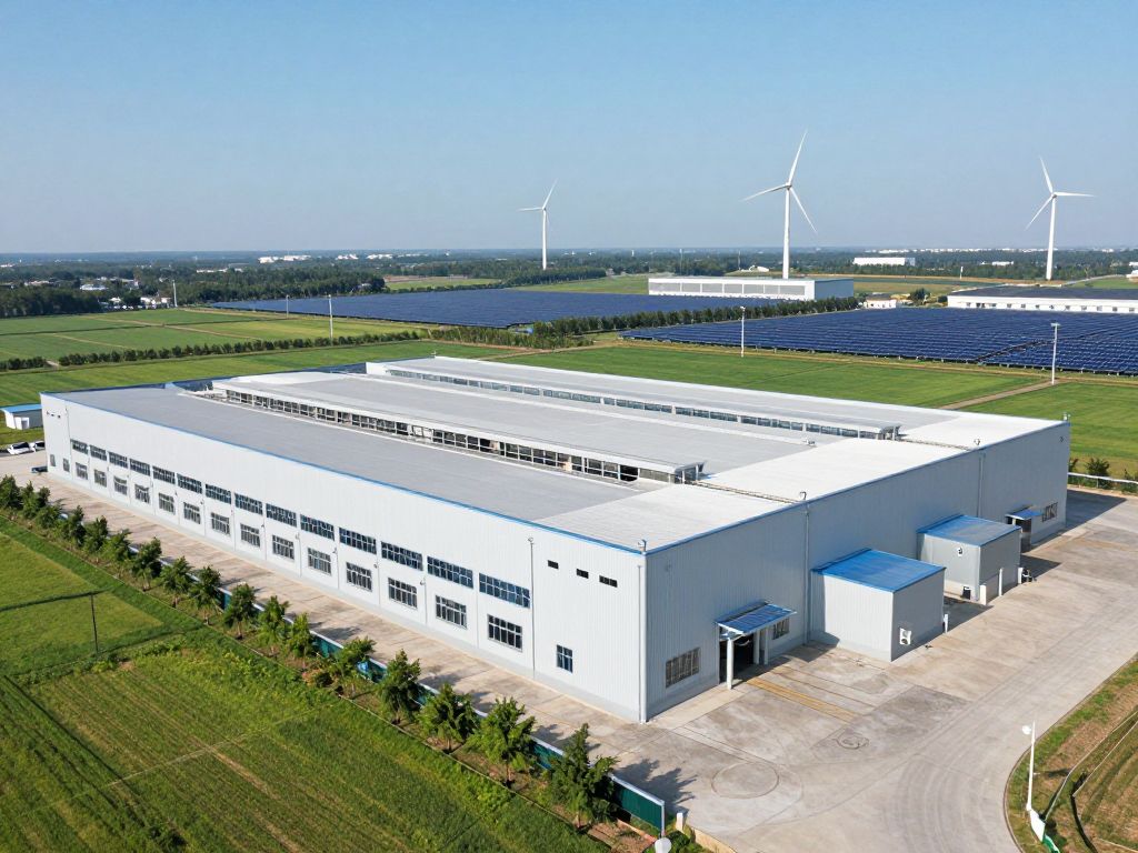 Exterior view of the Tesla battery factory surrounded by greenery.