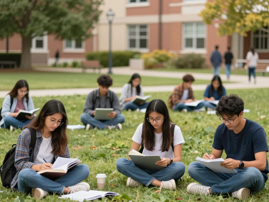 Diverse students on Texas A&M University campus studying together.