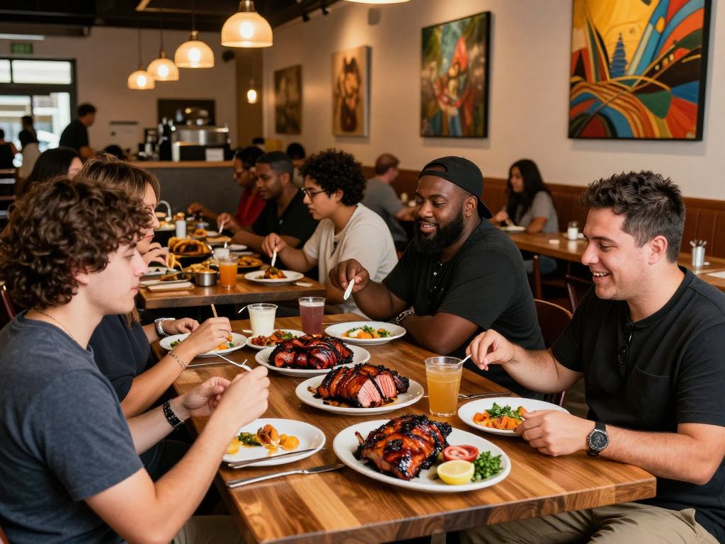 Busy Texas barbecue restaurant with happy diners enjoying their meals.