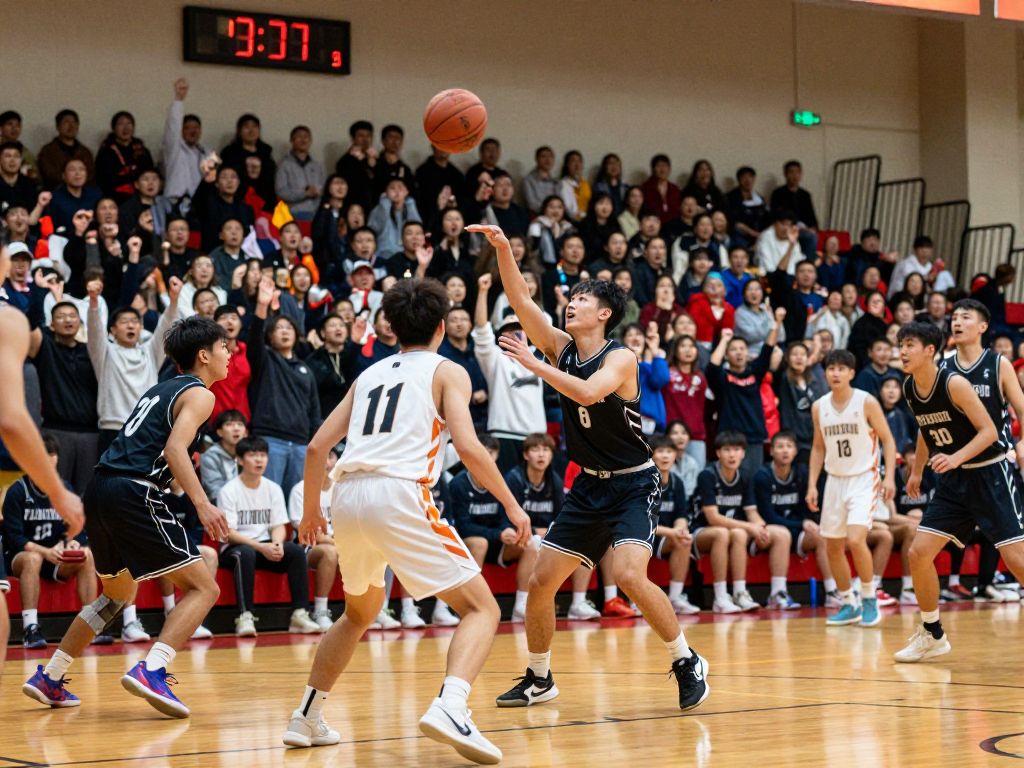 High school basketball players competing in a game with spectators in the background.