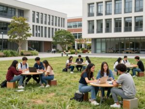 Diverse students participating in collaborative activities on a university campus.