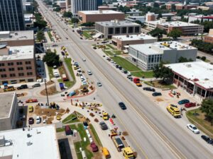 Construction on a Texas highway showing ongoing infrastructure development.