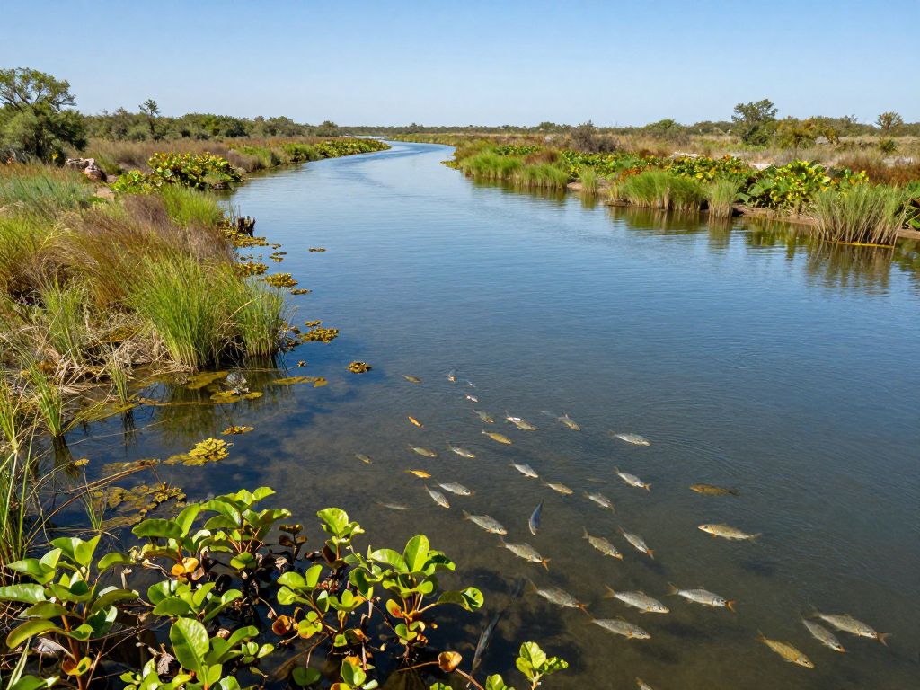 A Texas waterway depicting aquatic life influenced by climate change.