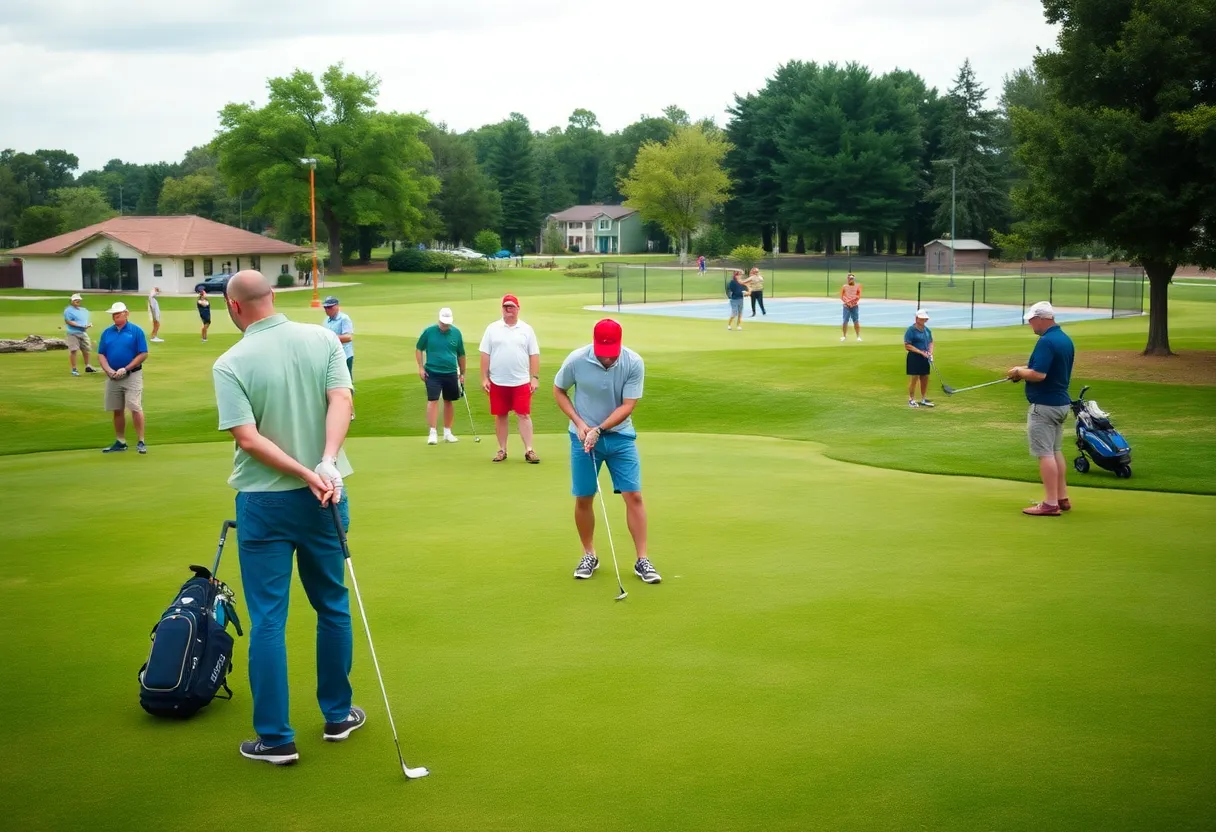 A scenic view of the planned par-3 golf course in The Woodlands with golfers engaging in the sport.