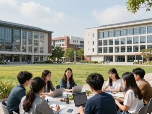 Students collaborating on campus at UT Austin
