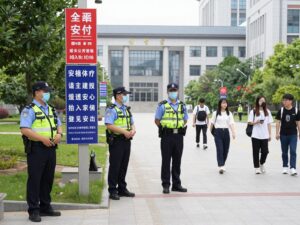 Image illustrating the University of Texas at Austin campus with safety measures and police presence.