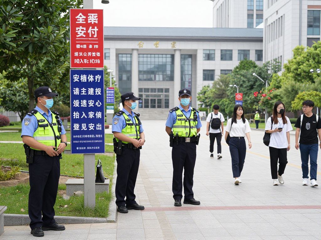 Image illustrating the University of Texas at Austin campus with safety measures and police presence.