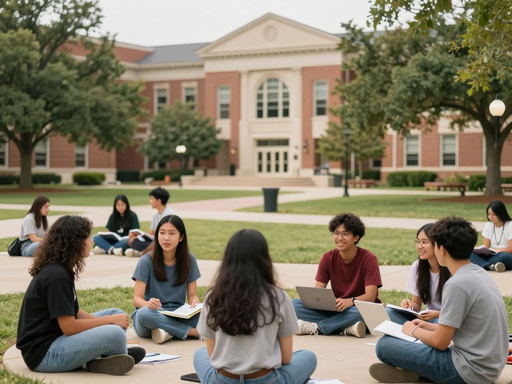 Students on the campus of the University of Texas at Austin participating in academic activities.