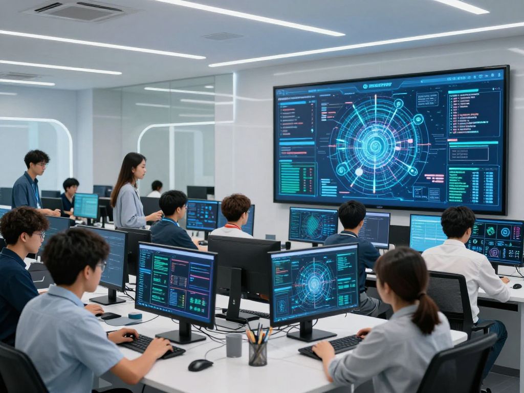 Students collaborating in a modern computing lab at UT Austin.