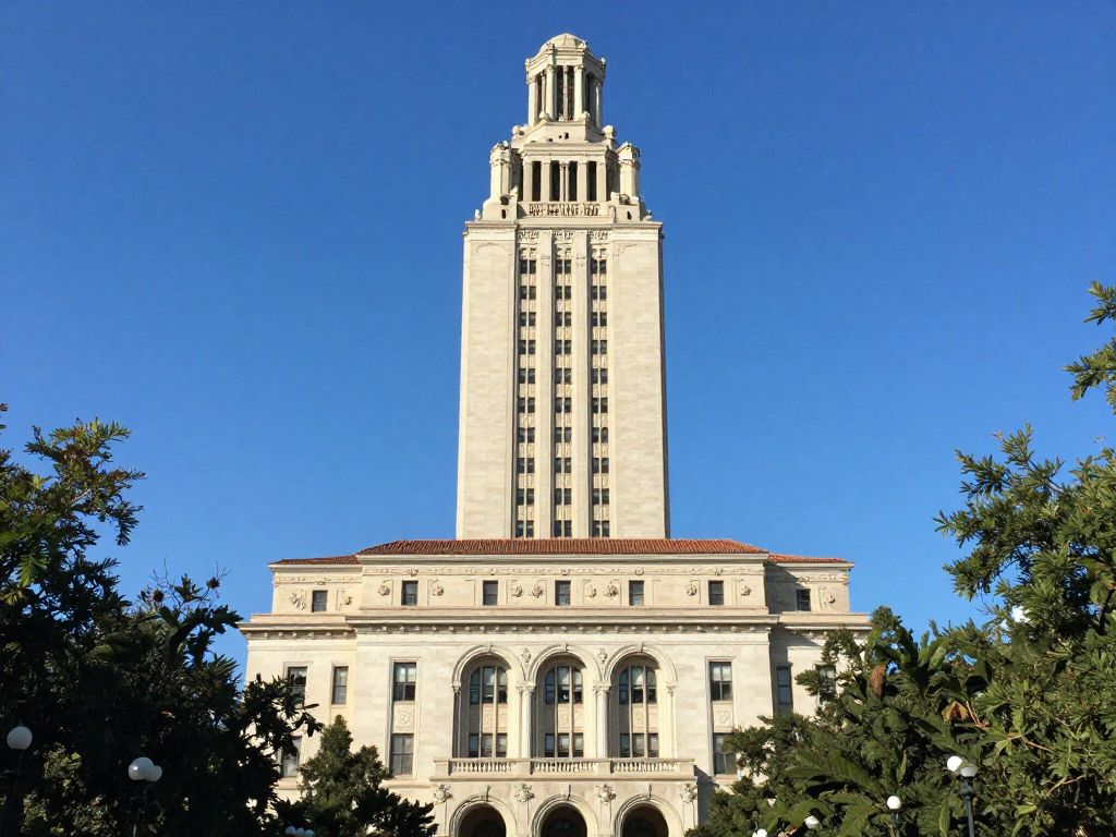 The iconic University of Texas at Austin Tower with a clear sky in the background.