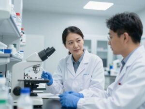 Scientists working together in a lab on dementia research.