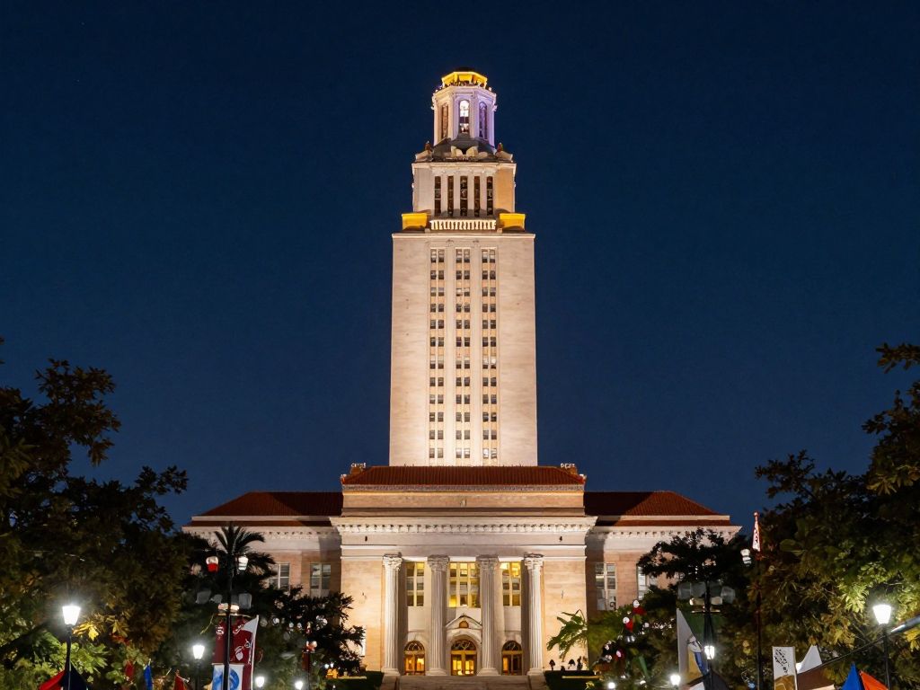 University of Texas Tower glowing at night, symbolizing pride and achievement.