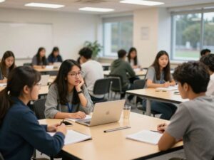 Students on the University of Texas at Austin campus discussing ethical academic practices.