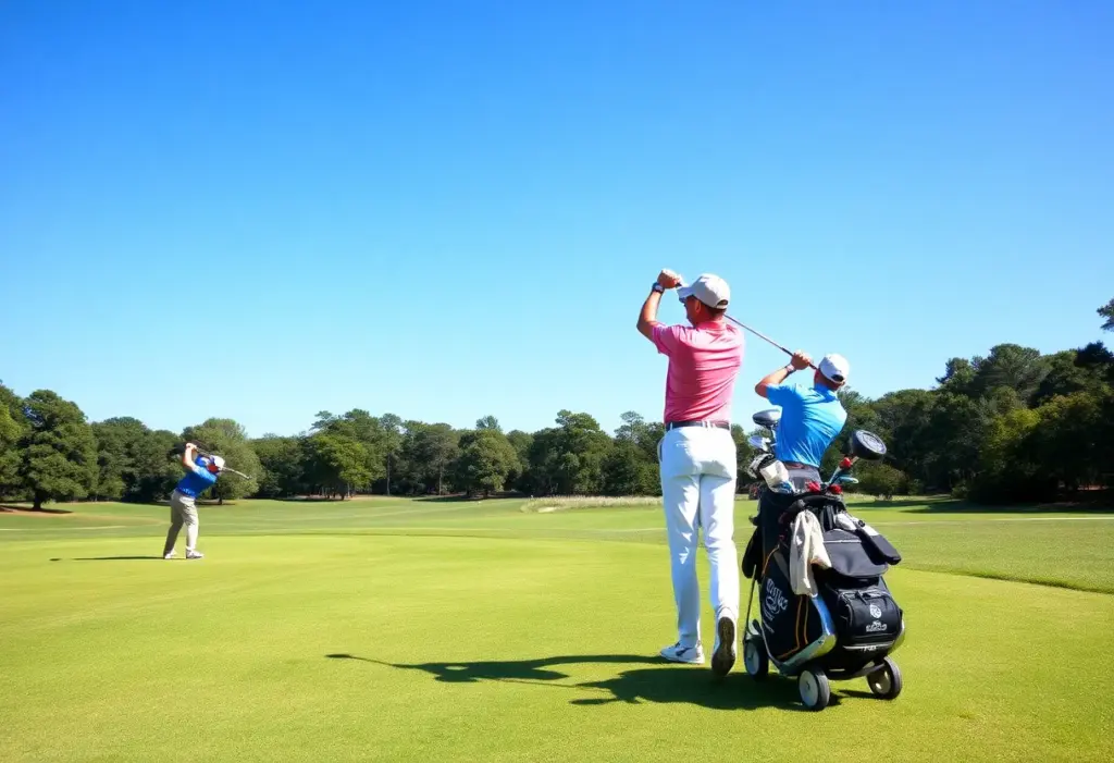 Women golfers practicing at a country club golf course