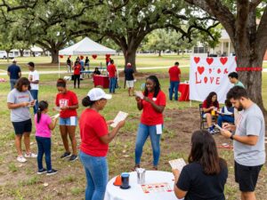 A lively Valentine's Day event in East Texas featuring people engaging in music bingo and enjoying the outdoors.