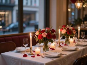 A romantic candlelit dinner setup for Valentine's Day in Houston