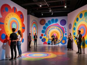 Couples enjoying the Valentine's events at Meow Wolf Houston, surrounded by interactive art installations.