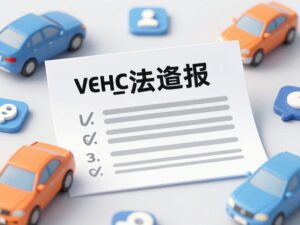 An artistic representation of vehicle registration fraud with vehicles and paperwork.