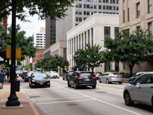 Busy traffic scene on West Alabama Street in Houston