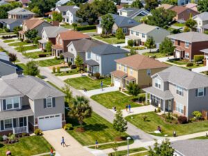 An aerial view of the Wildtree community showing homes and green spaces.
