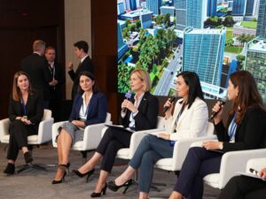 Women executives discussing leadership in energy sector at Houston event
