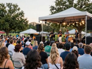 People enjoying a live outdoor concert in The Woodlands