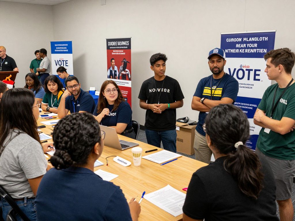 Young people engaging in a civic event in Houston, discussing voting issues.