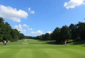 A view of a golf course during a tournament with players.