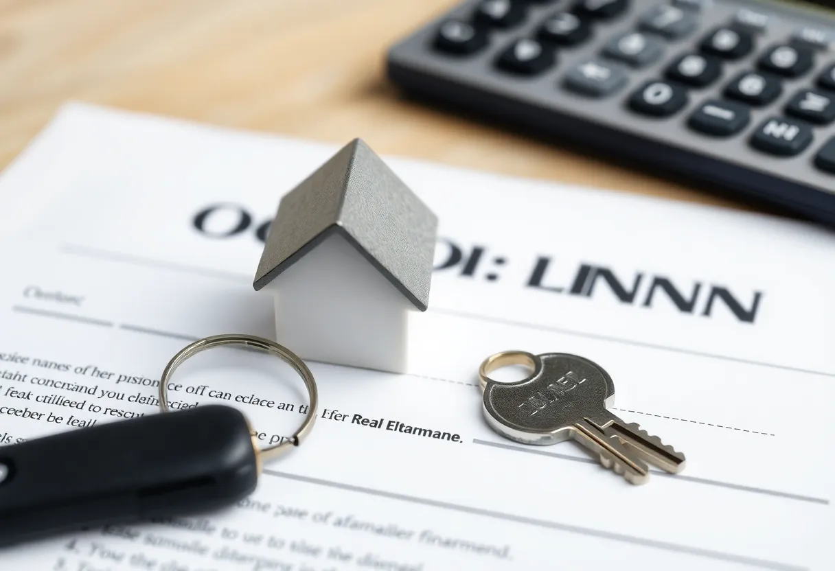 A house key, closing documents, and a calculator representing closing costs.
