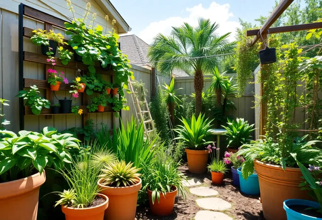 A colorful Houston garden demonstrating innovative gardening techniques and sustainable practices.